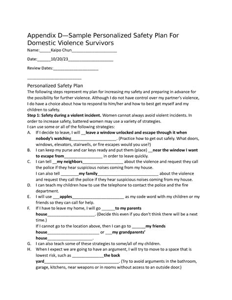 Safety Plan - essay - Appendix D—Sample Personalized Safety Plan For