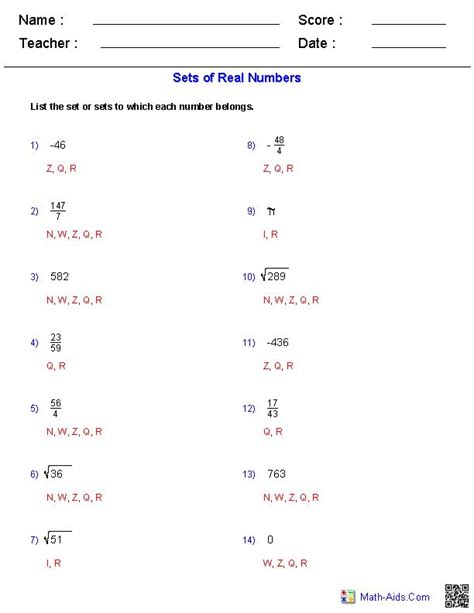 Identifying Number Sets Worksheets | Algebra worksheets, Number system ...