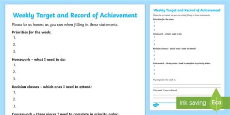 Weekly Target And Record Of Achievement Young People And Families Case File