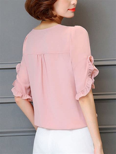 Split Neck Ruffle Trim Plain Chiffon Blouse Chiffon