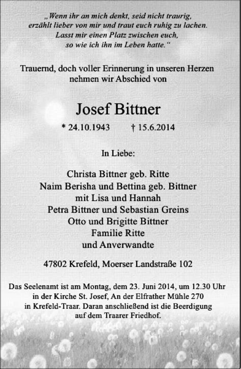 Alle Traueranzeigen für Josef Bittner trauer rp online de