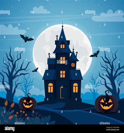 Halloween Background With Haunted House Full Moon Pumpkins And Trees