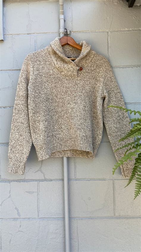 1980s Eddie Bauer Shawl Collar Oatmeal Sweater Gem