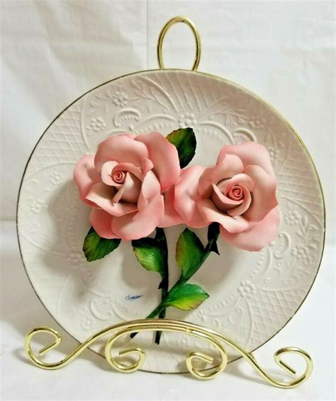 Capodimonte Italy Roses On Plate Porcelain Pink White Tall Metal