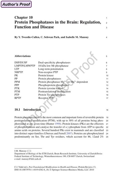 (PDF) Protein Phosphatases in the Brain: Regulation, Function and Disease