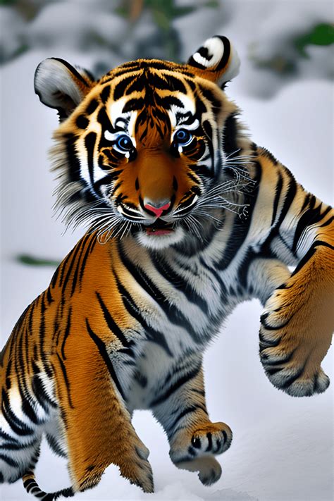 Baby Tiger Jumping in Snow · Creative Fabrica