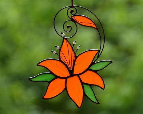 Stained Glass Flower Suncatcher Lily Decor Hanging Window Etsy