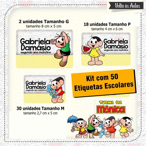 Etiquetas Escolares Turma da Mônica Kit 50 Etiquetas Elo7