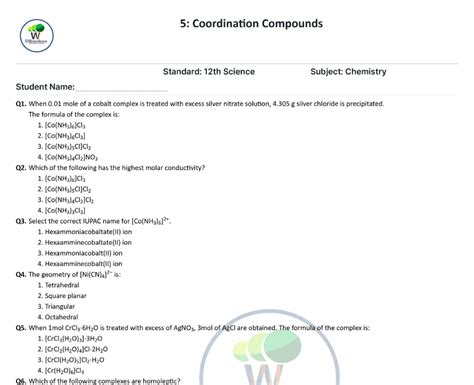 Coordination Compounds Class 12th MCQ Extra Questions