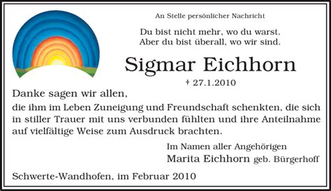 Traueranzeigen Von Sigmar Eichhorn Trauer In Nrw De