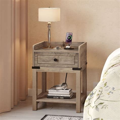 Amazon YITAHOME Farmhouse Nightstand With Charging Station Night