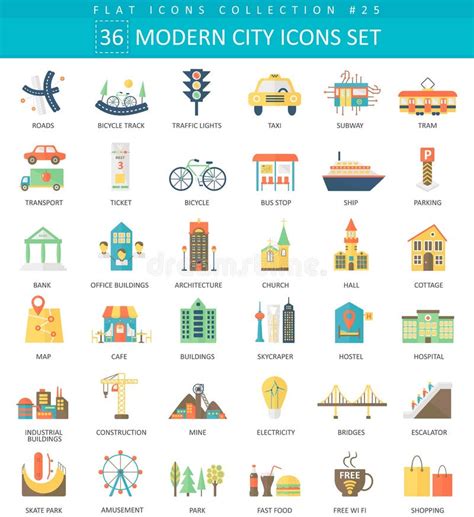 Vector Modern City Color Flat Icon Set Elegant Style Design Stock