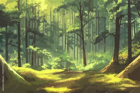 Anime forest landscape nature background. Beautiful trees with yellow green grass in japanese ...