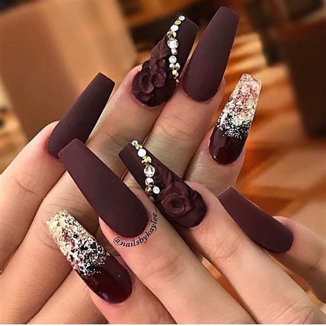 Burgundy Coffin Nails With Rhinestones Burgundy Nails Artificial