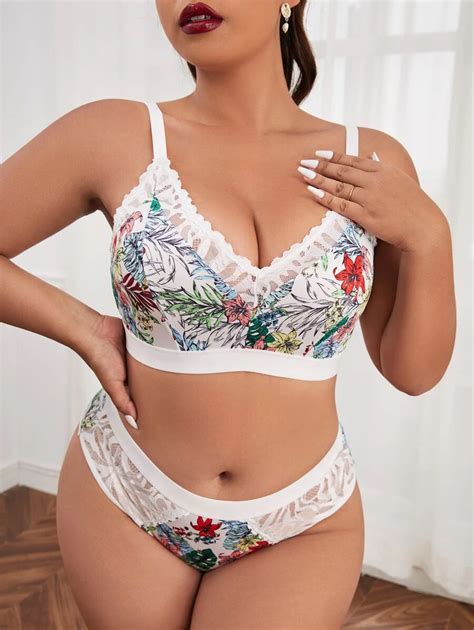 Plus Floral Print Contrast Lace Lingerie Set Shein Usa