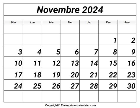 Calendrier Novembre 2024 The Imprimer Calendrier