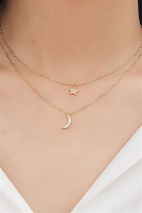 Cute Layered Star Moon Pendant Dainty Choker Necklace For Teens For