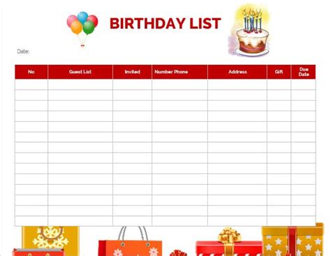 Printable Birthday List Template Room Surf