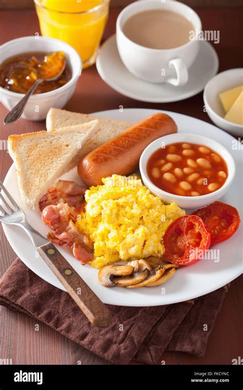 Full English Breakfast With Scrambled Eggs Bacon Sausage Beans