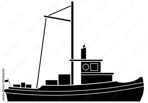 Clean Simple Illustration Of Fishing Boat Or Tug Boat Line Art