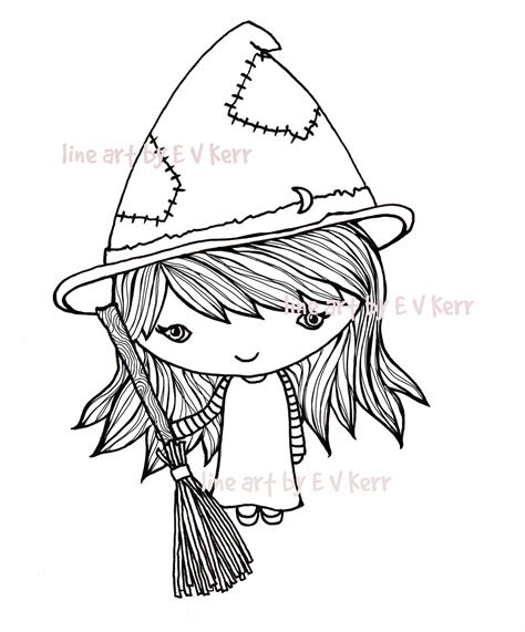 Cute Witch Digital Stamp Drawing Instant Download Etsy