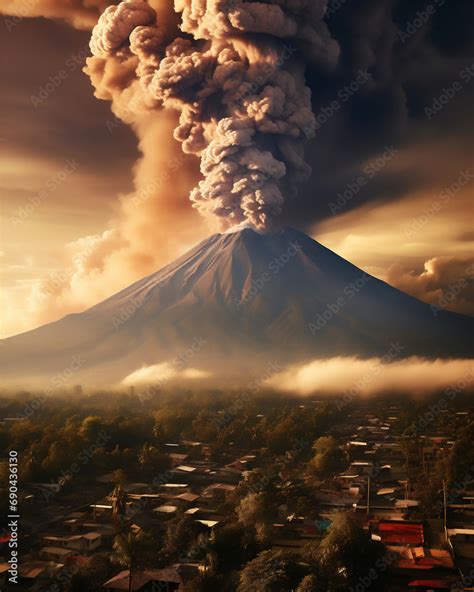 Volcano erupts at misty morning or sunset, volcanic ash shoots up into ...