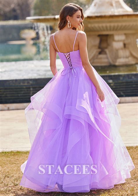 A Line Princess V Neck Sleeveless Floor Length Tulle Prom Dress With