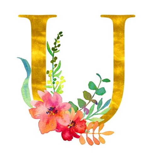 Golden Classical Form Letter D Decorated With Watercolor Flowers And