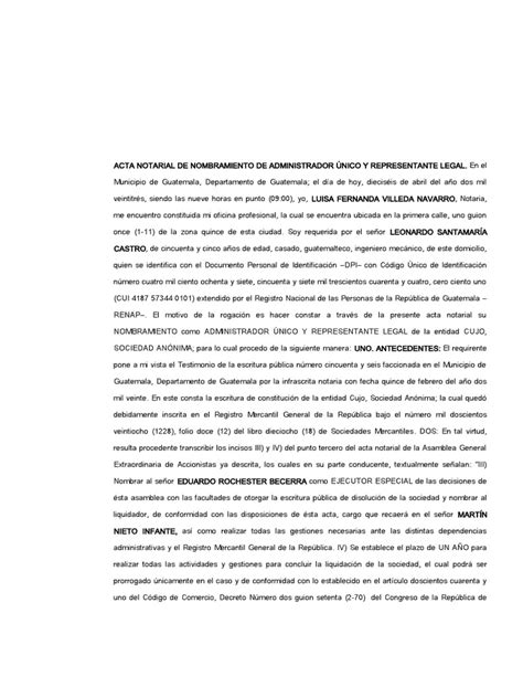 Acta Notarial De Nombramiento De Administrador Único Y Representante