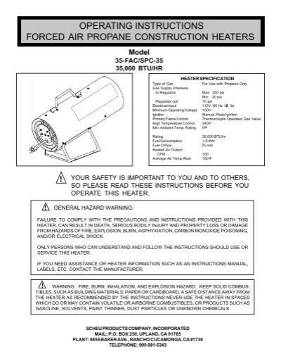 Operating Instructions Forced Air Propane Construction Heaters Desa