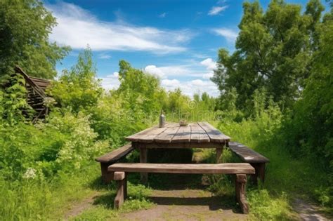 Rustic Wooden Picnic Table Surrounded By Lush Greenery And Clear Blue