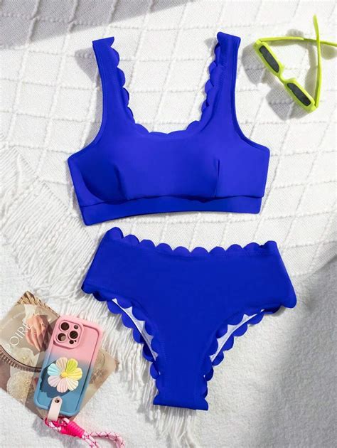 SHEIN Swim Conjunto De Bikini Sexy Para Mujeres De Unicolor Con Bordes