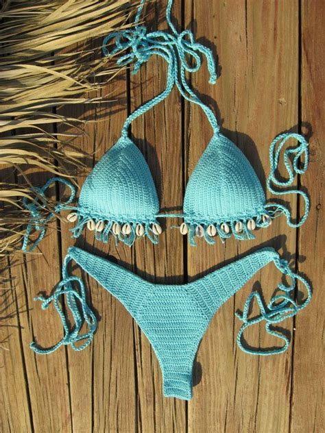 Alta Moda Uncinetto Bikini Set Aqua Blu Con Conchiglia Ciprea Bikini