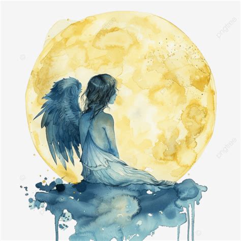 Pintura Em Aquarela De Anjo Lua Cheia PNG Pintura Aquarela Anjo