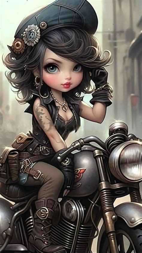 A Girl Sitting On Top Of A Motorcycle Wearing A Black Hat And Leather