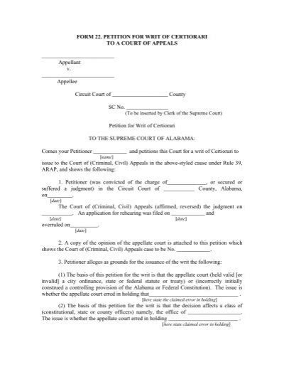 Form 22 Petition For Writ Of Certiorari To A Court Of