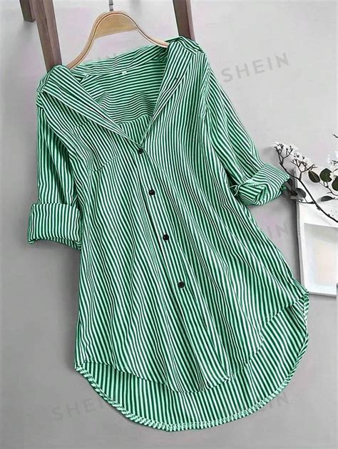 SHEIN Essnce Women S Striped Loose Fit Casual Shirt With Short Front