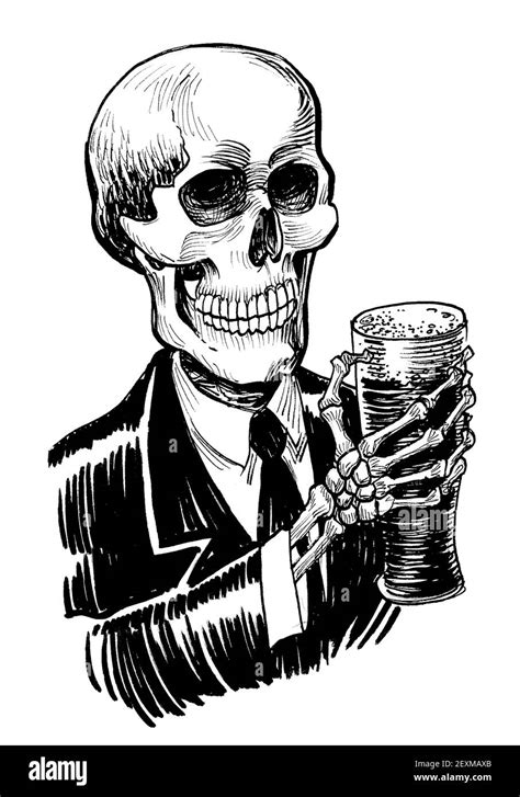 Human Skeleton Drinking A Glass Of Beer Ink Black And White Drawing