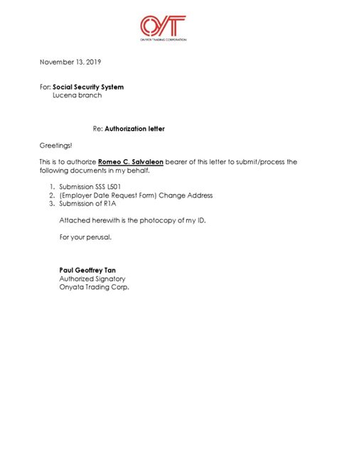 Authorization Letter Sss Pdf