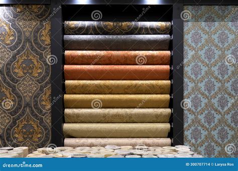 Rolls Of Vinyl Wallpaper In Building Store Various Textures And Colors