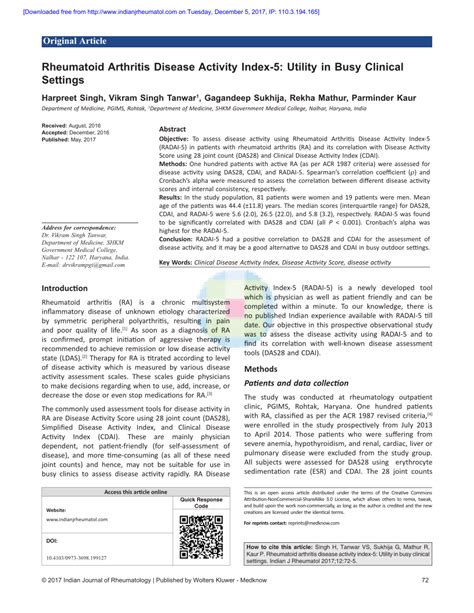 Pdf Rheumatoid Arthritis Disease Activity Index 5 Utility In Busy Clinical Settings