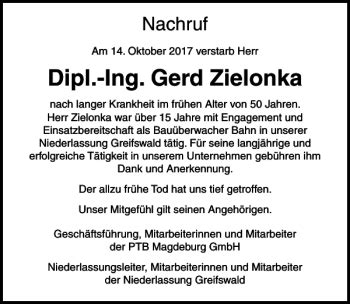 Traueranzeigen Von Dipl Ing Gerd Zielonka Trauer Anzeigen De