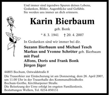 Traueranzeigen Von Karin Bierbaum Trauer In Nrw De