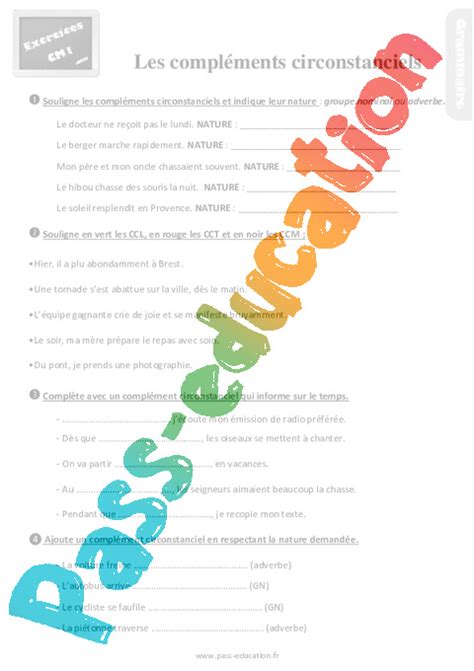 Les compléments circonstanciels au Cm1 Exercices révisions PDF à