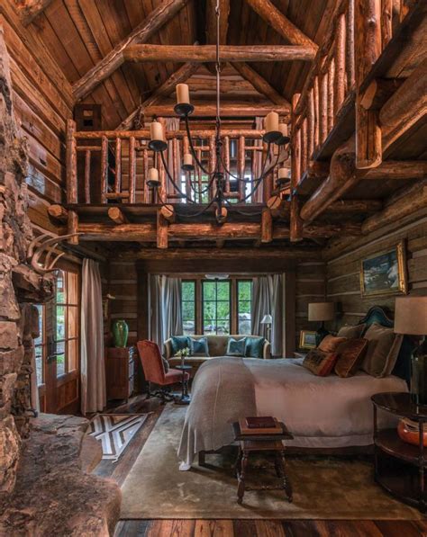 French Country Log Home Bedroom