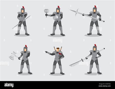 Set Of Six Vector Illustration Of Cartoon Medieval Knight Warrior