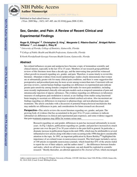 Pdf Sex Gender And Pain A Review Of Recent Clinical And Experimental Findings