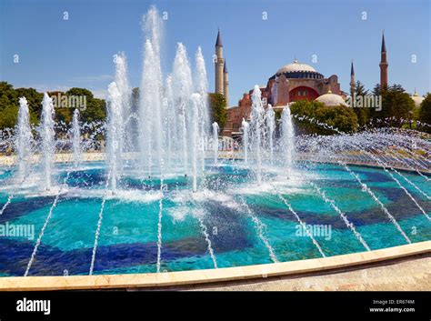 The View Of Fountain In Sultan Ahmet Park With Hagia Sophia In The