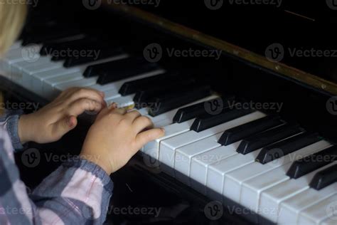 Little Girl Play Pianokids Hands On Piano Keyboard Close Up