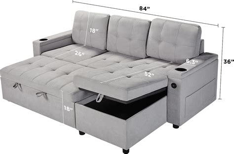 Papajet Comfortable Sleeper Sofa For Small Spaces L Shape Couch With Usb Ports Cup Holders